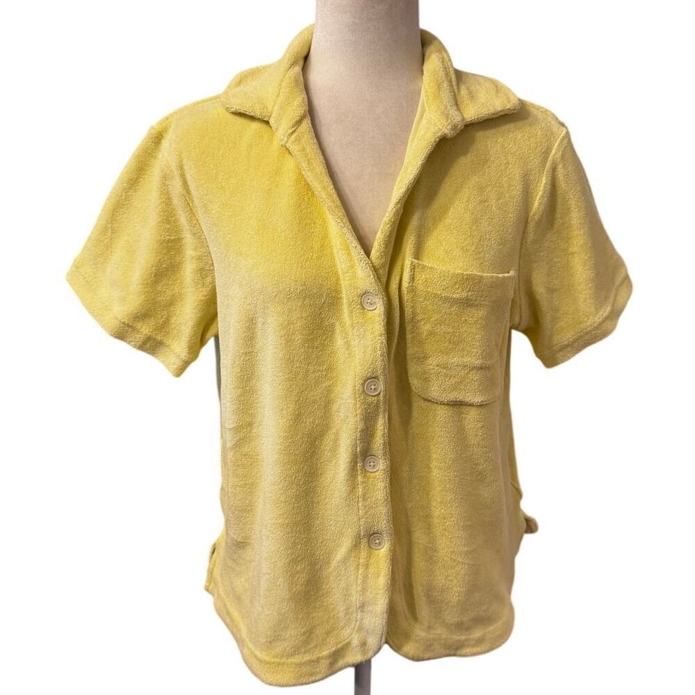 Frankies Bikinis Terry Cloth Button Front Camp Shirt Yellow Resort Beach Size M